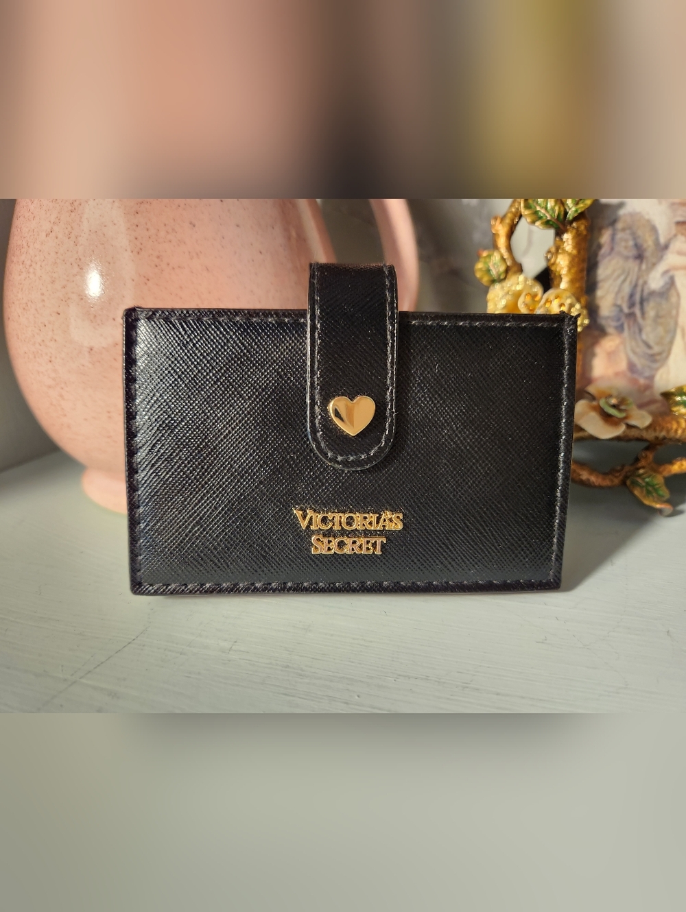 Victoria's Secret Black Rainbow Card Wallet Accordian Gold Heart & Logo